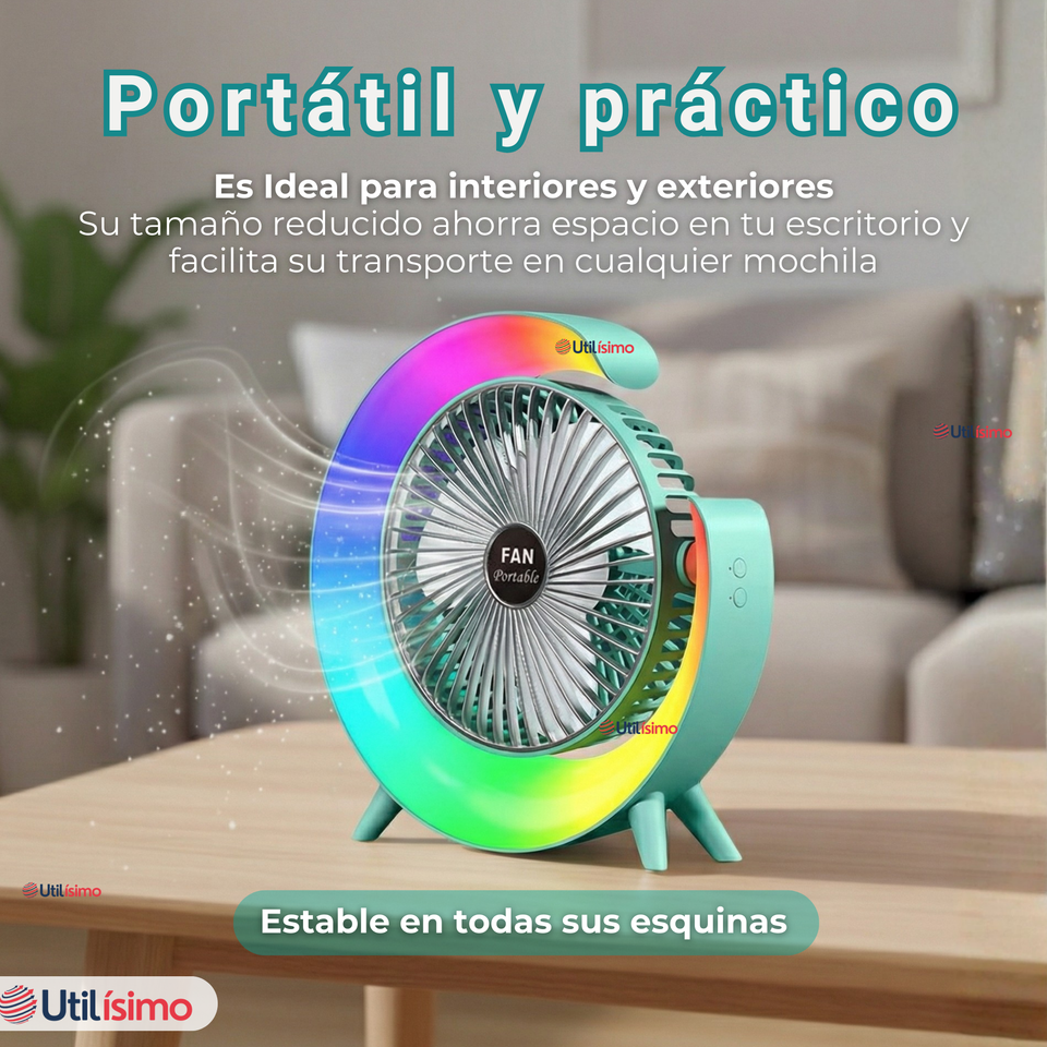 Mini Ventilador Portátil De Mesa Con Luz Led Recargable USB Verde Agua