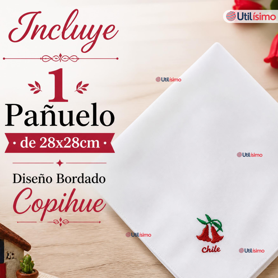 Pañuelo Baile Cueca 28cm Bordado Flor Copihue Algodón Fiestas Patrias