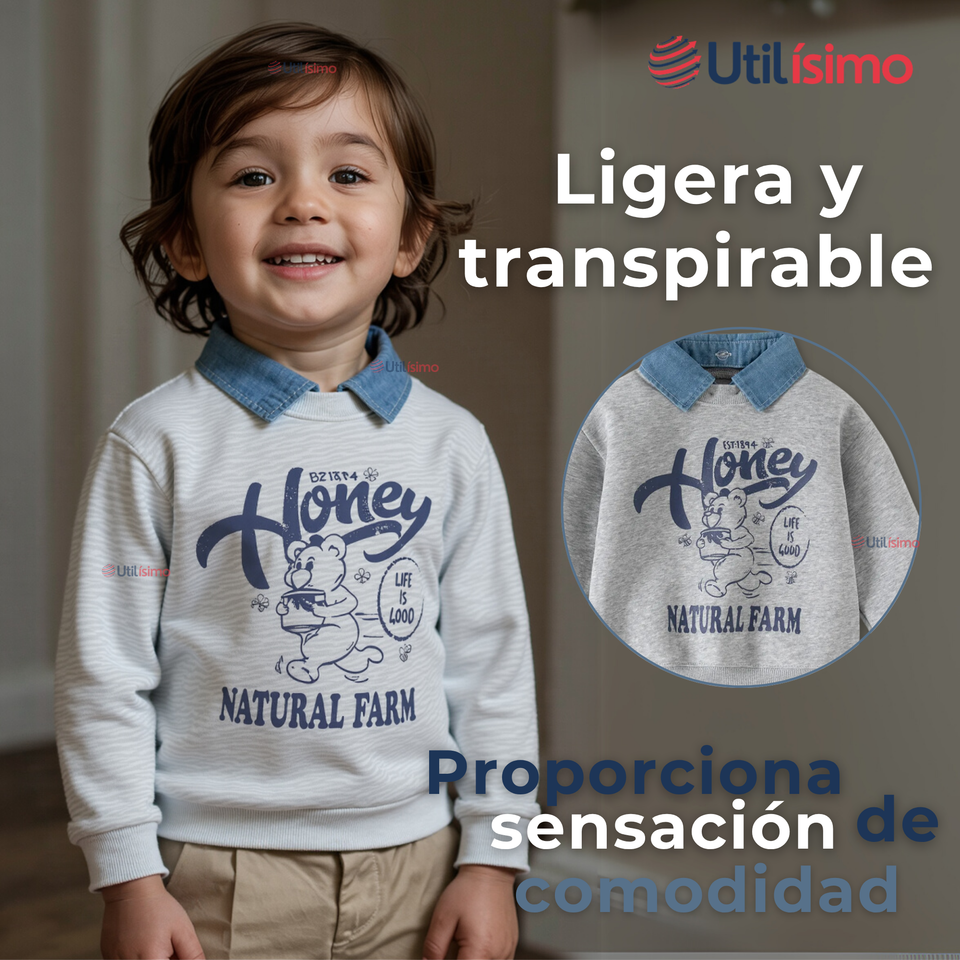 Polerón Estilo Pique Manga Larga Niño 100% Algodón Gris