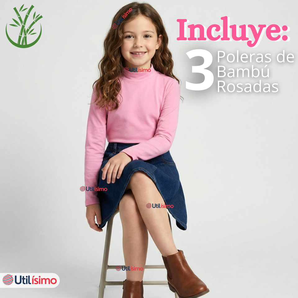 Pack 3 Poleras Camisetas Bambú Rosadas Cuello Beatle Primera Capa Manga Larga Niña