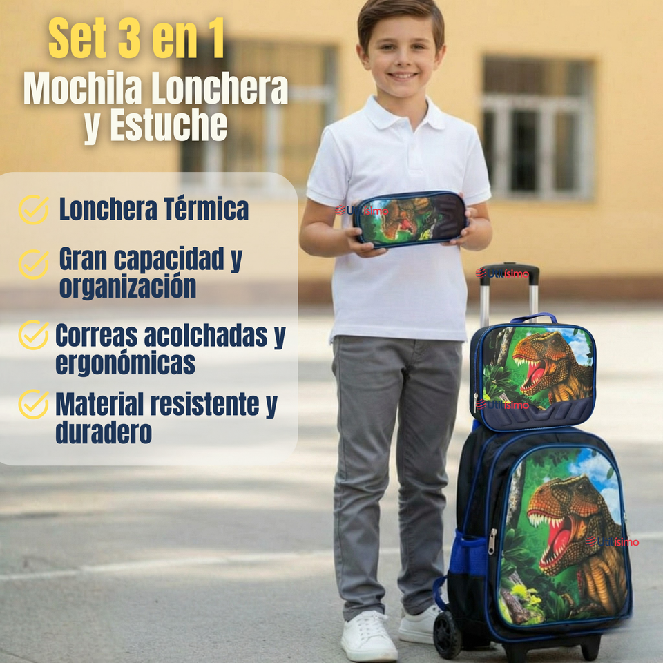 Mochila Escolar Con Ruedas + Estuche + Lonchera Poliéster Dinosaurio Niño