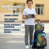 Mochila Escolar Con Ruedas + Estuche + Lonchera Poliéster Dinosaurio Niño