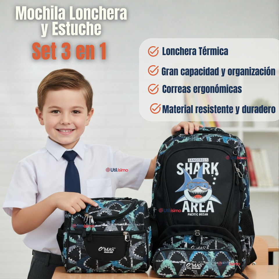 Mochila Escolar Kit Con Estuche y Lonchera 43cm Tela Oxford Baby Shark Niño