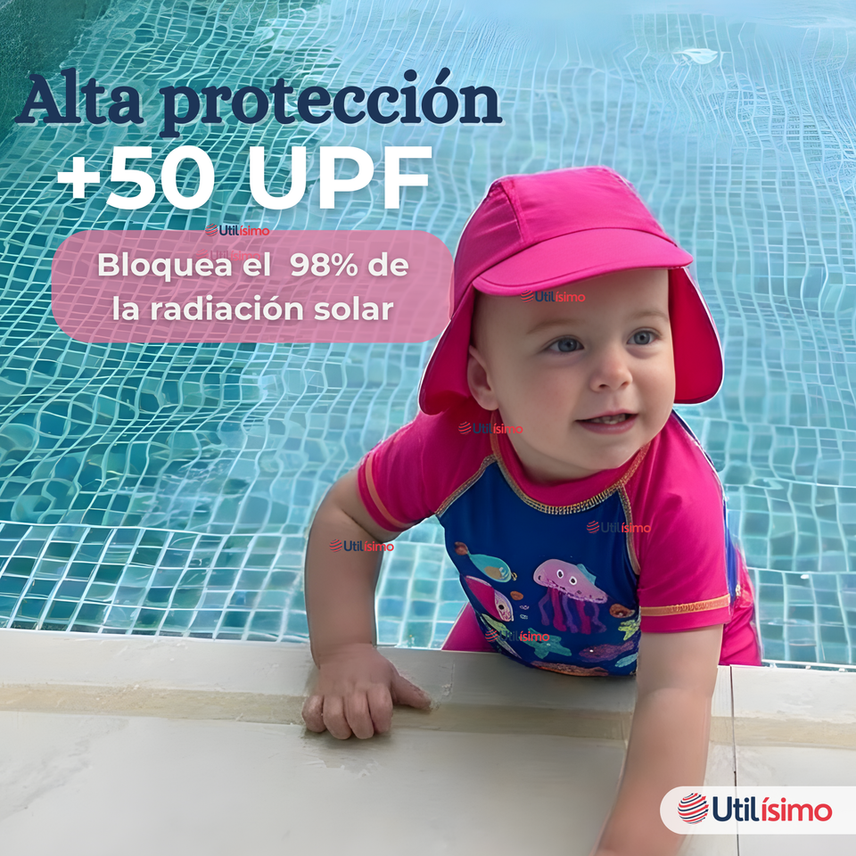 Traje De Baño Manga Corta Pantalón Con Gorro 3 Piezas Bebé Niña Marine Adventure