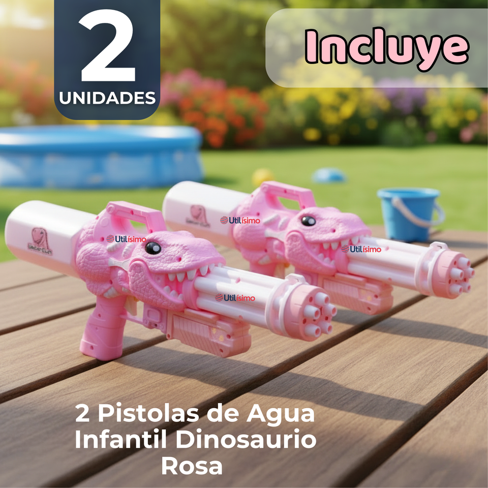 Pack 2 Pistolas Lanza Agua Dinosaurio Color Rosado Juguete 40cm Niña