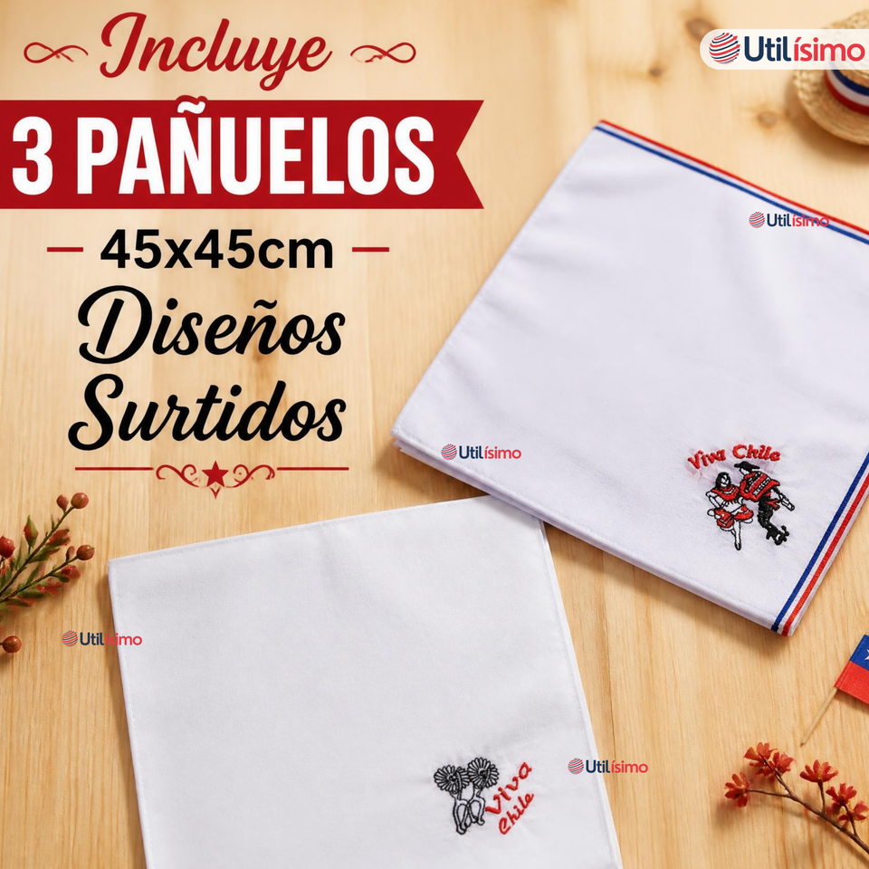 Pack 3 Pañuelos Baile Cueca 45cm Diseños Surtidos Algodón Fiestas Patrias