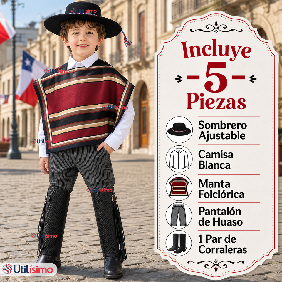 Traje Huaso Típico Completo 5 Piezas Niño Fiestas Patrias