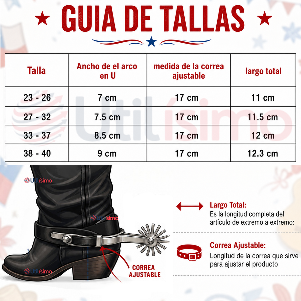 1 Par Espuelas Huaso Ajustable Fiestas Patrias Tallas 23-26, 27-32, 33-37, 38-40