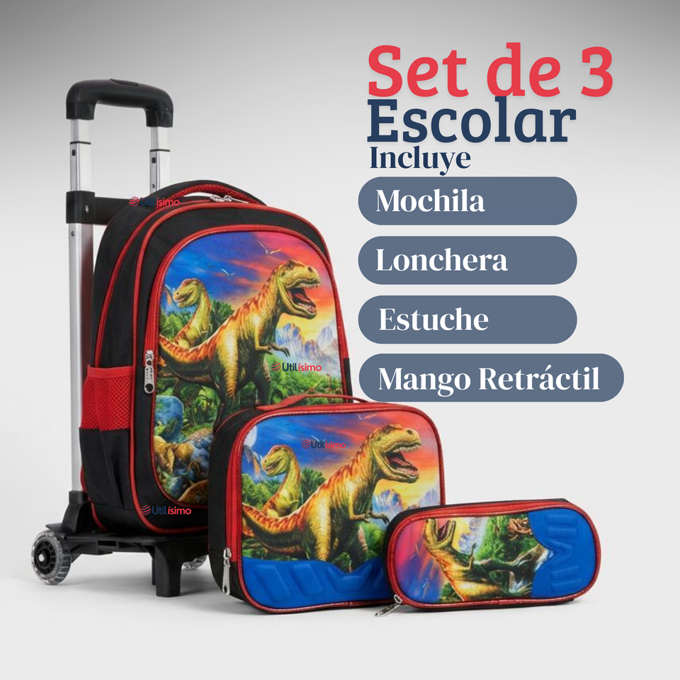Mochila Escolar Con Ruedas Desmontables Diseño 3D + Estuche + Lonchera Niño Poliéster Dinosaur