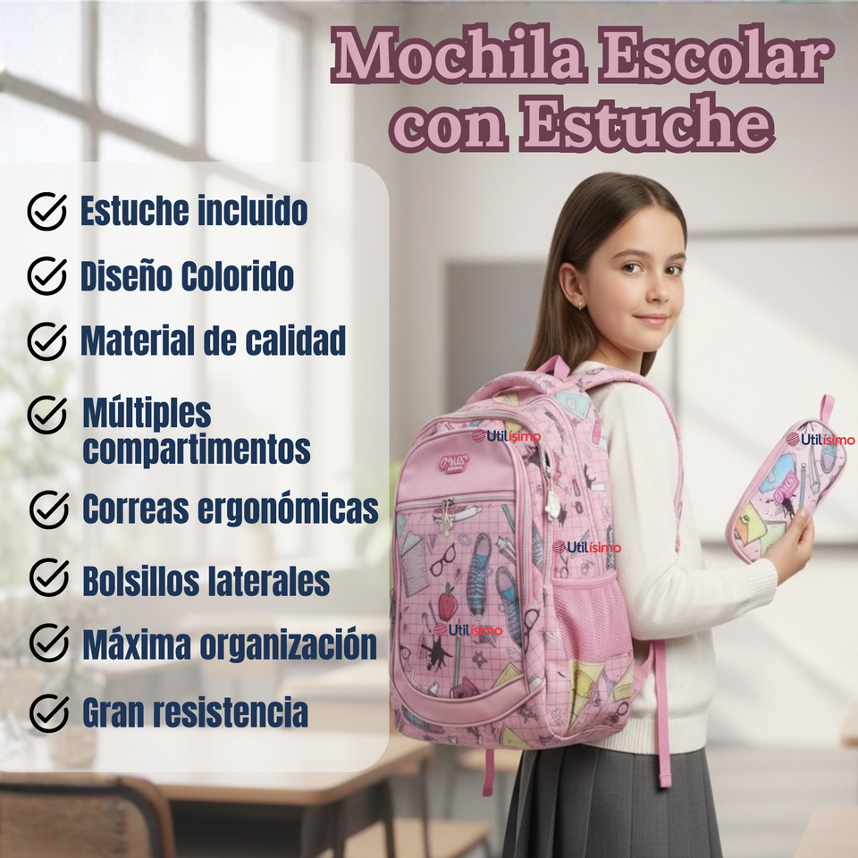 Mochila Escolar Con Estuche 43cm Tela Oxford Impermeable Niña