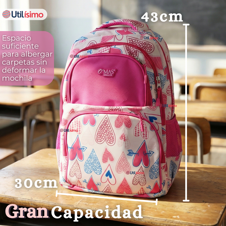Mochila Escolar + Estuche + Lonchera 43cm Tela Oxford Rosa Corazones Niña
