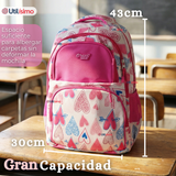 Mochila Escolar + Estuche + Lonchera 43cm Tela Oxford Rosa Corazones Niña