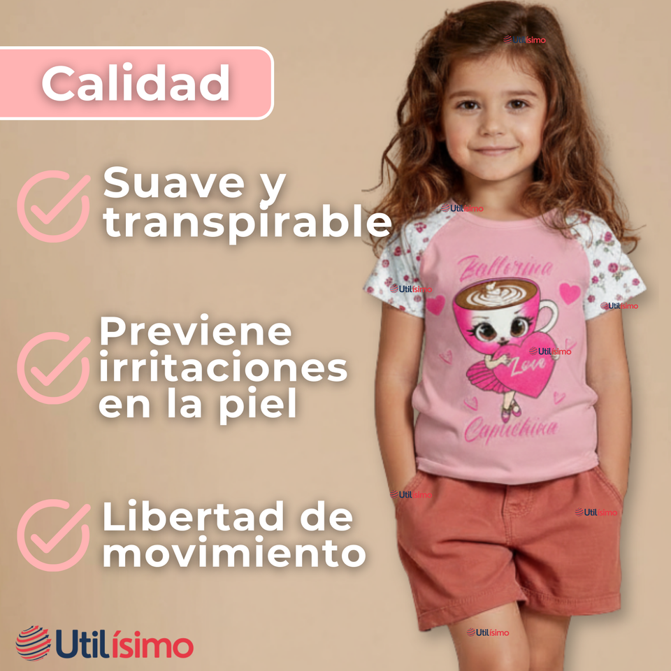Polera Brainrots 100% Algodón Manga Corta Niña Tralalero Rosado