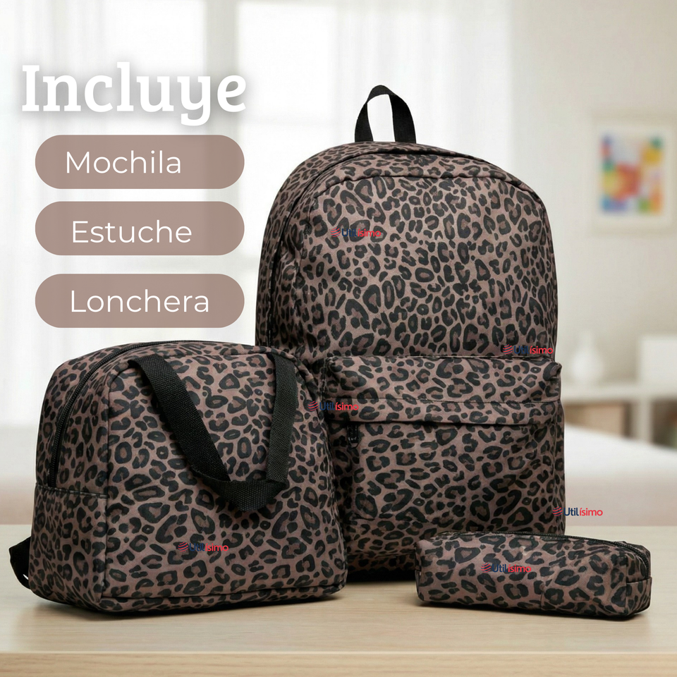 Mochila Bolso Animal Print Con Estampado De Leopardo + Lonchera + Estuche Escolar Niña 42Cm