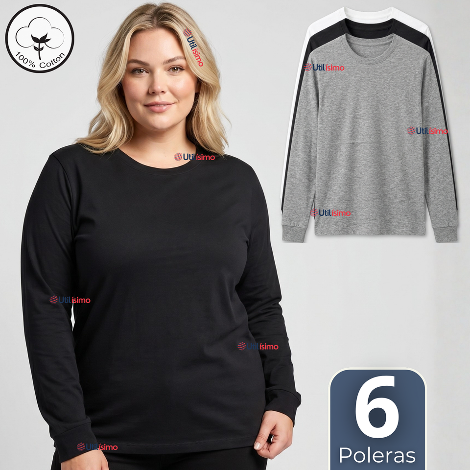 Pack 6 Camisetas Poleras 100% Algodón Manga Larga Cuello Redondo Primera Capa Mujer