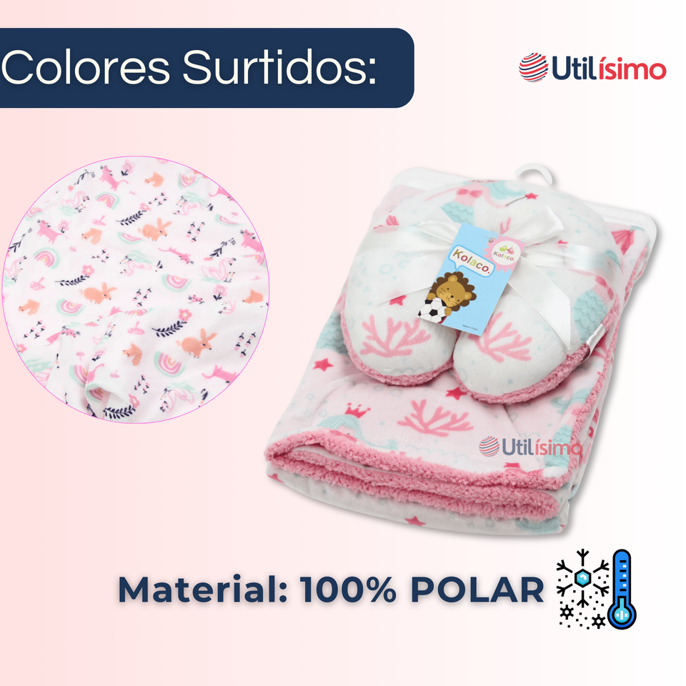 Set Manta Frazada Polar Para Bebé Niña + Cojín Para Cuello
