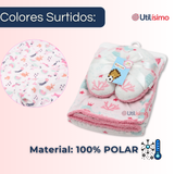 Set Manta Frazada Polar Para Bebé Niña + Cojín Para Cuello