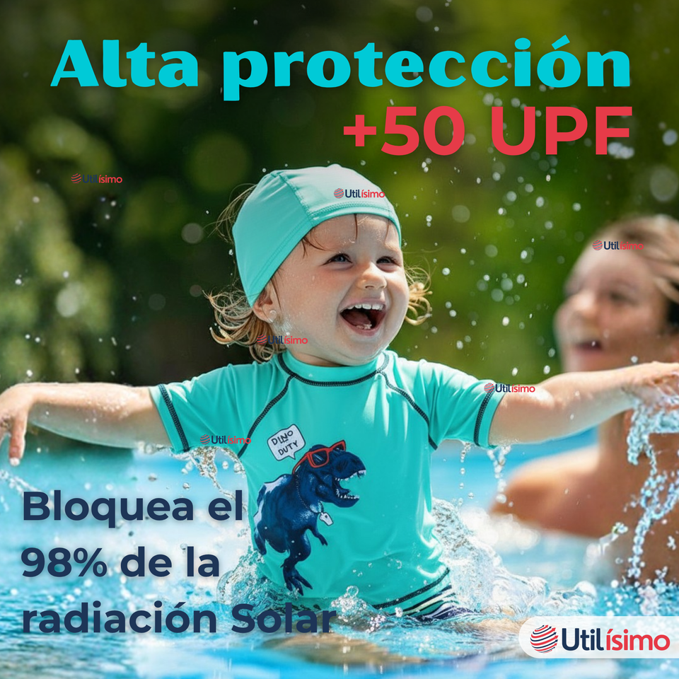 Traje De Baño Con Gorro Polera Pantalón Corto 3 piezas Corte Split Niño de 3 a 9 Años Dino