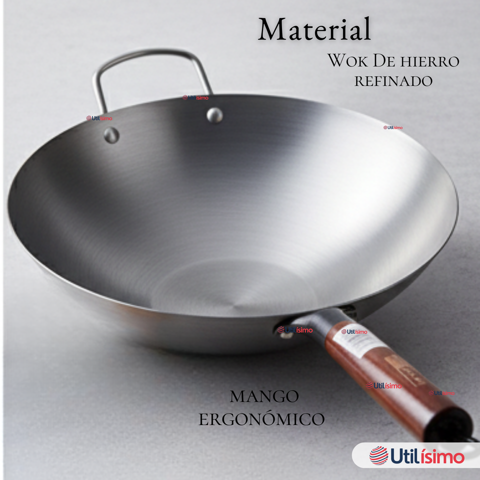 Sartén Wok De Hierro Concavo Con Mango 34cm Plateado