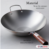 Sartén Wok De Hierro Concavo Con Mango 34cm Plateado