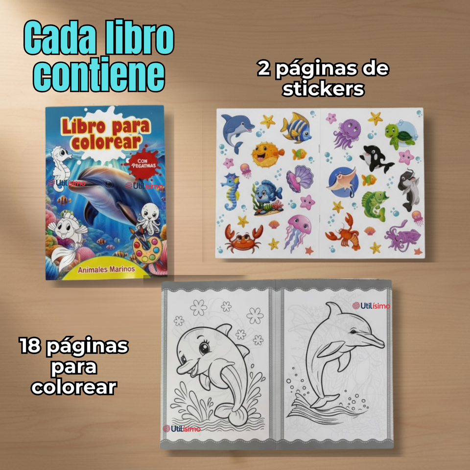 Pack 3 Libros Para Colorear Pintar  Educativo Con Stickers Diseños Surtidos
