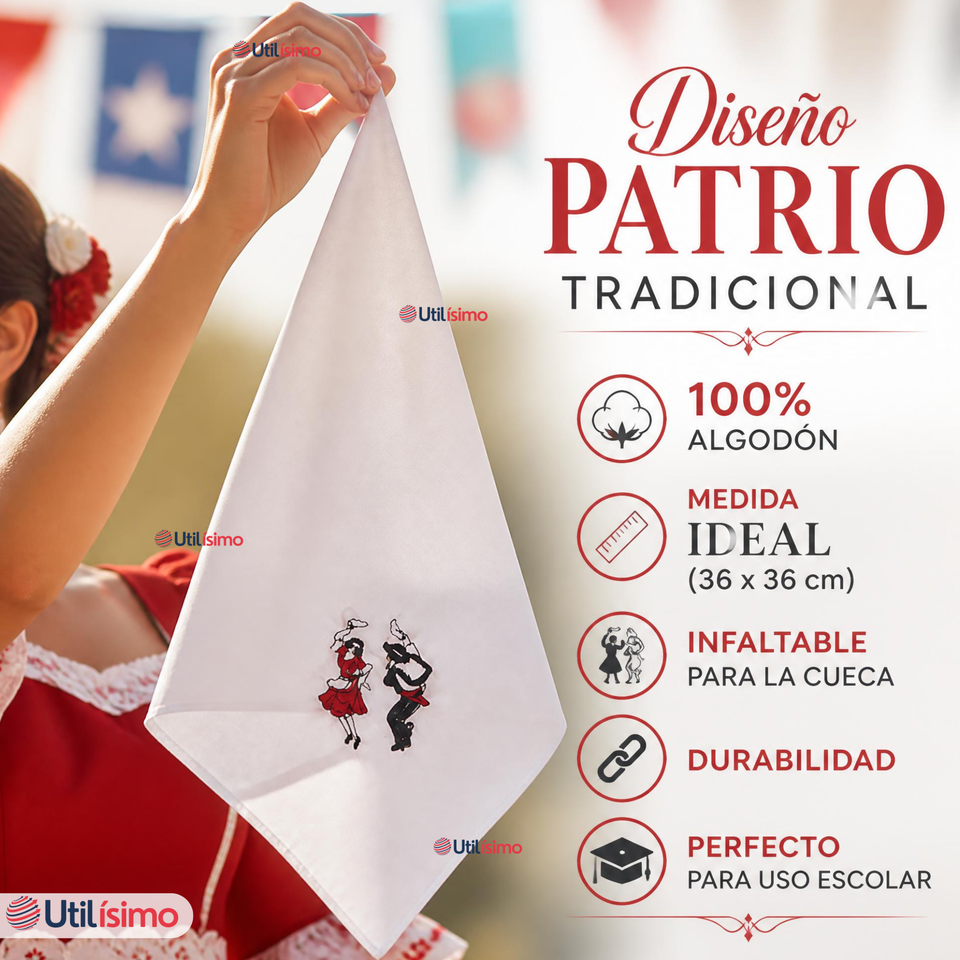 Pack 6 Pañuelos Baile Cueca 36cm Bordado Pareja Bailando Algodón Fiestas Patrias
