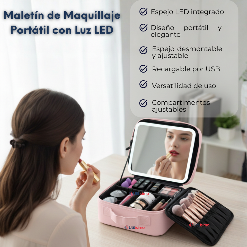 Estuche Maquillaje 2 en 1 Bolso Cosmetiquero Espejo Con Luz Led Organizador