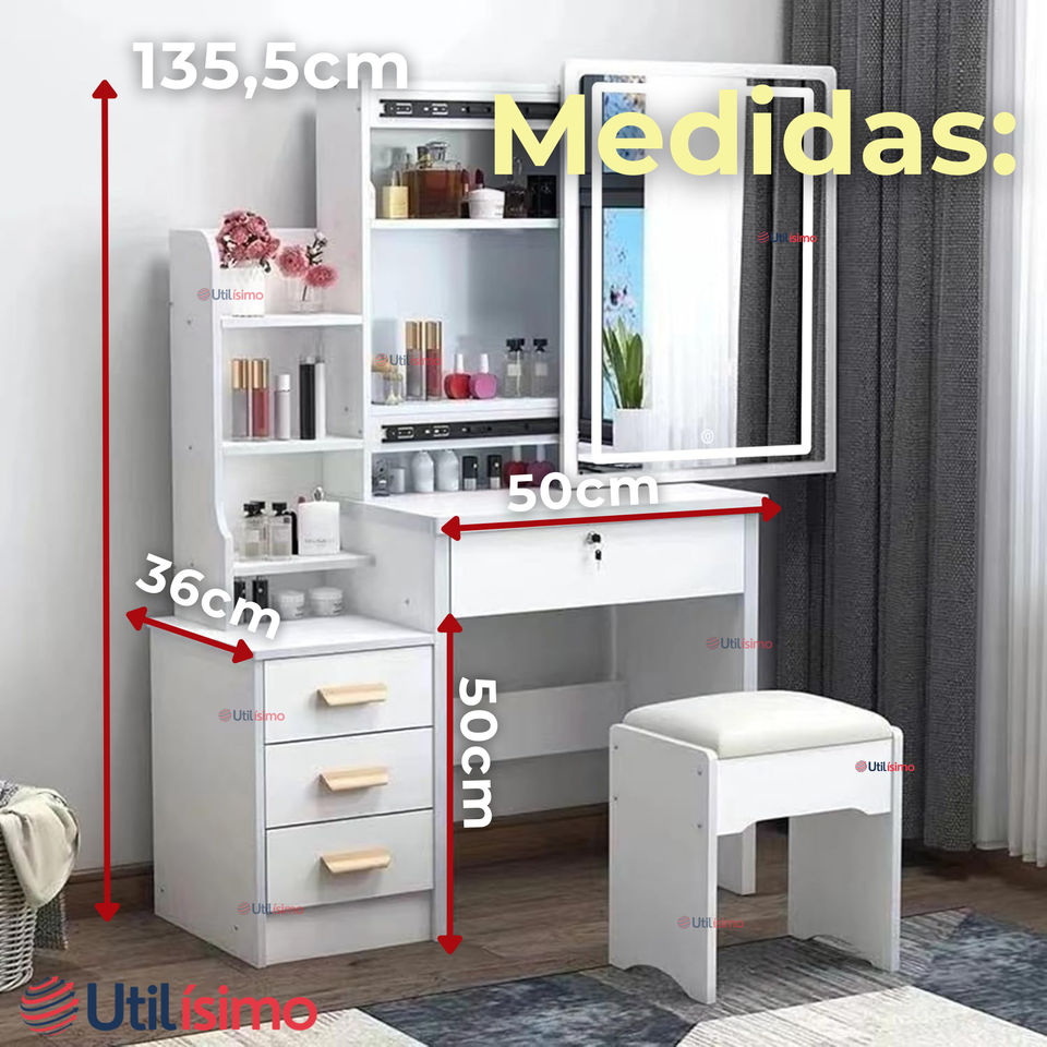 Tocador Y Taburete De Lujo Espejo Ajustable Con Luz Integrada 4 Cajones MDF Blanco 80x40x135cm