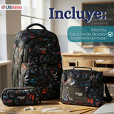 Mochila Escolar + Estuche + Lonchera 45cm Tela Oxford Estampado Gamer Niño