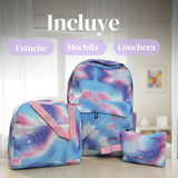 Mochila Bolso Escolar + Estuche + Lonchera 43Cm Niña Tela Oxford Lilac Galaxy
