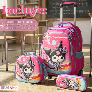 Mochila Escolar Kuromi 3D Con Ruedas Desmontable + Estuche + Lonchera Poliéster Rosa Niña