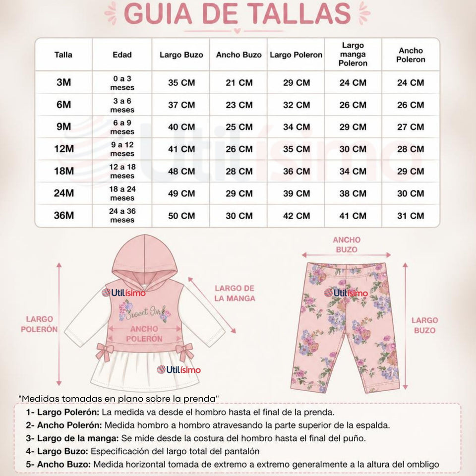 Conjunto 2 Piezas Polerón con Capucha y Pantalón 100% Algodón Bebé Niña Tedmimak Sweet flowers