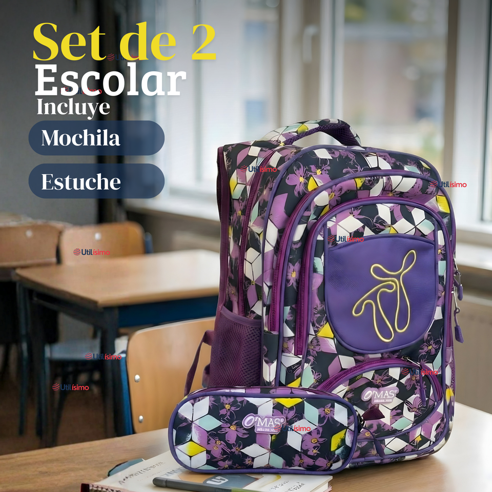 Mochila Escolar Bolso Con Estuche 43Cm Tela Oxford Niña Beautiful Flowers