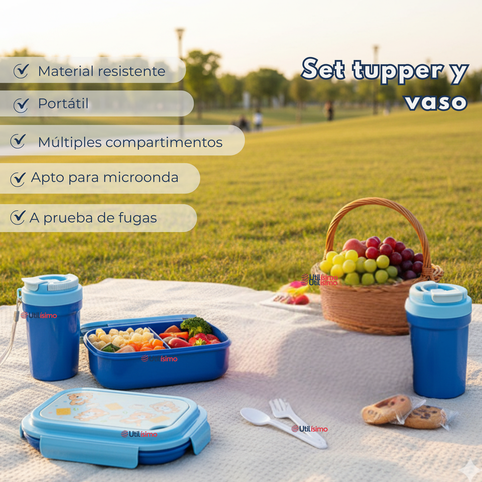 Set Fiambrera Tupper + Vaso Para Niños y Niñas Colores Varios Infantiles
