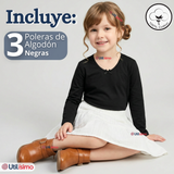 Pack 3 Camisetas Poleras Algodón Cuello Redondo Negra Primera Capa Manga Larga Niña