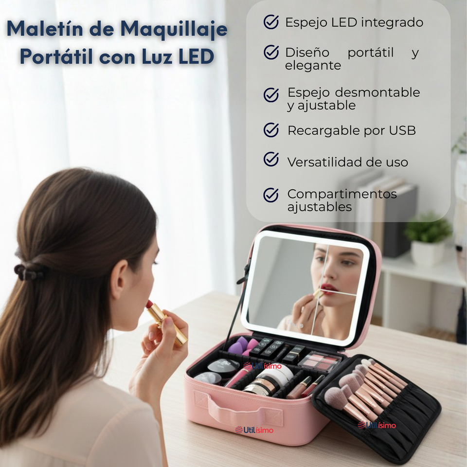 Estuche Maquillaje 2 en 1 Bolso Cosmetiquero Espejo Con Luz Led Organizador