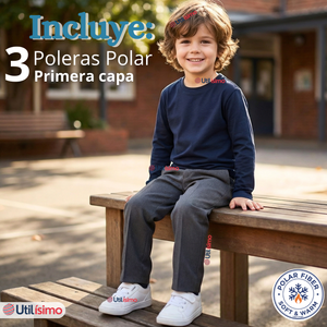 Pack 3 Poleras Camisetas Polar Azul Primera Capa Escolar Cuello Redondo Manga Larga Niño