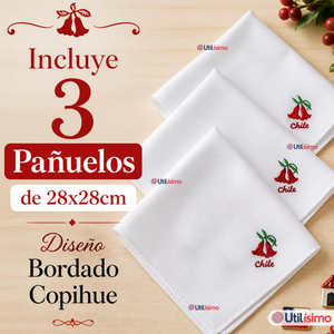 Pack 3 Pañuelos Baile Cueca 28cm Bordado Flor Copihue Algodón Fiestas Patrias