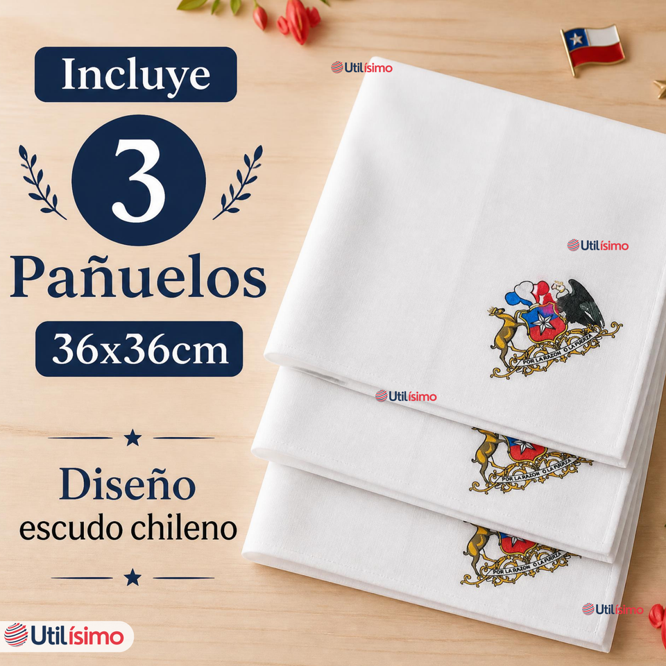 Pack 3 Pañuelos Baile Cueca 36cm Bordado Escudo Chileno Algodón Fiestas Patrias