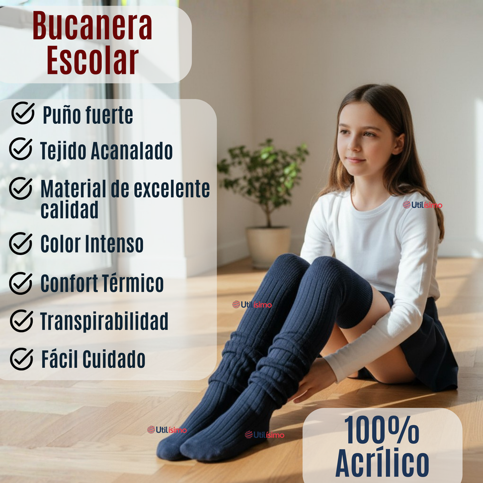 Pack 3 Bucaneras Escolares Calcetines Acrílico Azul Premium Niña y Juvenil