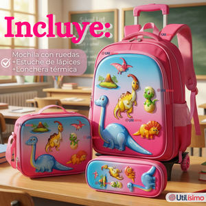 Mochila Escolar Con Ruedas + Estuche + Lonchera 46cm Desmontable Poliéster Rosa Dinosaurio Niña