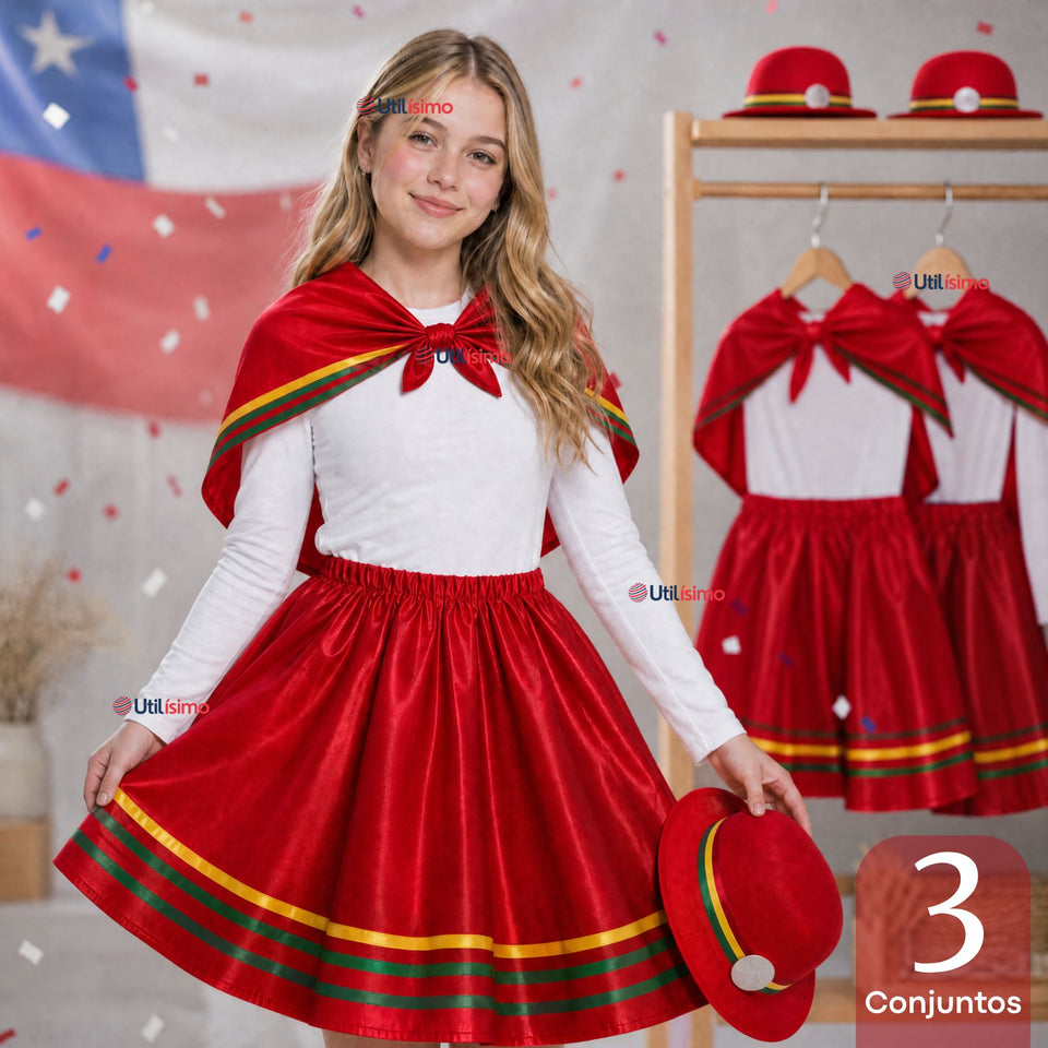Pack 3 Trajes Nortinos Juvenil Con Poleras 4 Piezas Rojo Baile Típico Fiestas Patrias