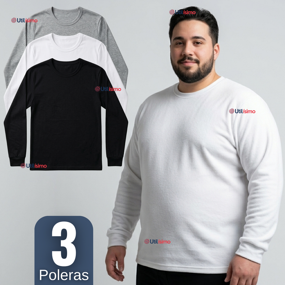 Pack 3 Camisetas Poleras Algodón Primera Capa Manga Larga Hombre Cuello Redondo