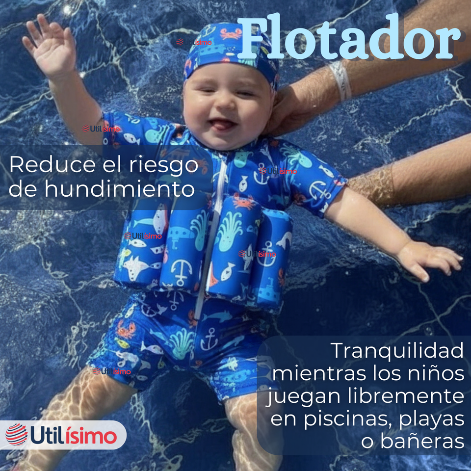 Traje de Baño Flotador Enterito Con Gorro Niño 2 Piezas 9 a 36 Meses Blue Sea