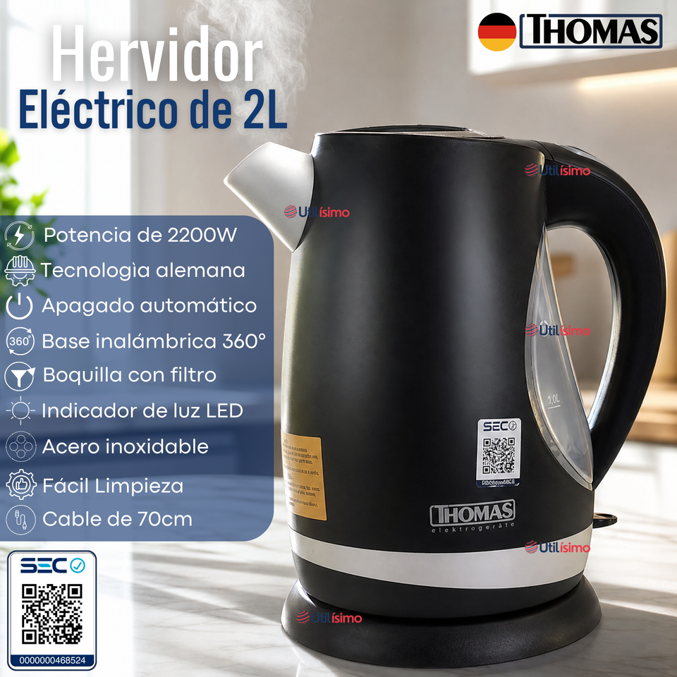 Hervidor Eléctrico Thomas 2lt Alta Potencia Tecnologia Alemana Negro