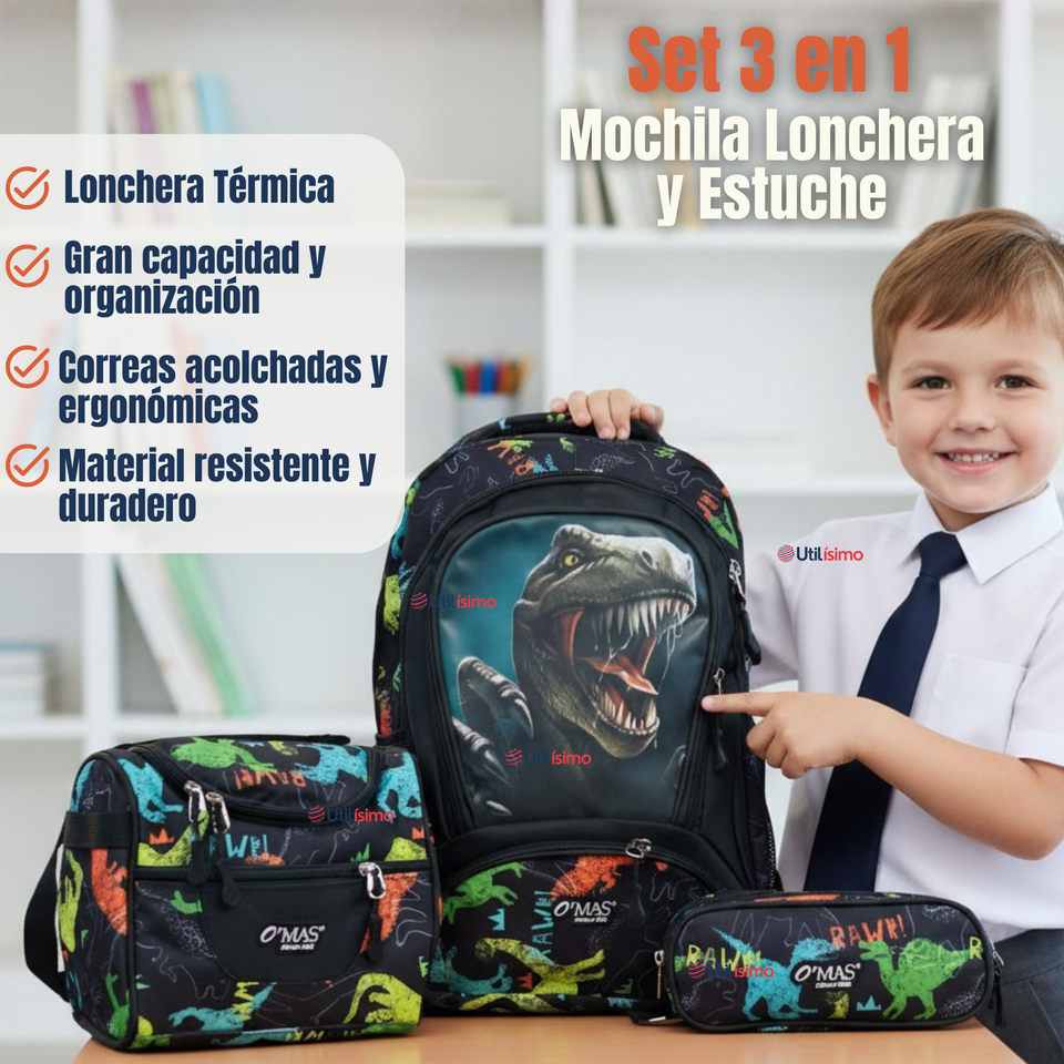 Mochila Escolar Kit Con Estuche y Lonchera 43cm Tela Oxford Dino Niño