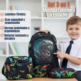 Mochila Escolar Kit Con Estuche y Lonchera 43cm Tela Oxford Dino Niño