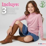 Pack 3 Poleras Camisetas Bambú Cuello Beatle Primera Capa Rosado Claro Manga Larga Niña