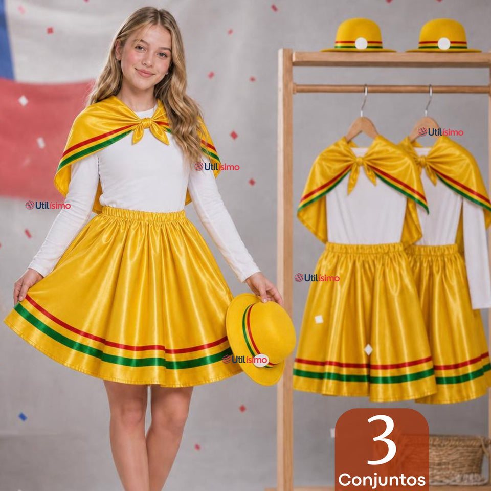 Pack 3 Trajes Nortinos Juvenil Con Poleras 4 Piezas Amarillo Baile Típico Fiestas Patrias