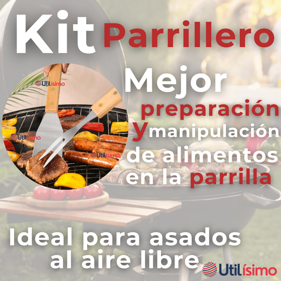 Kit Parrillero 3 Piezas Pinza Espátula Tenedor Para Asados Mango Madera Acero Inoxidable
